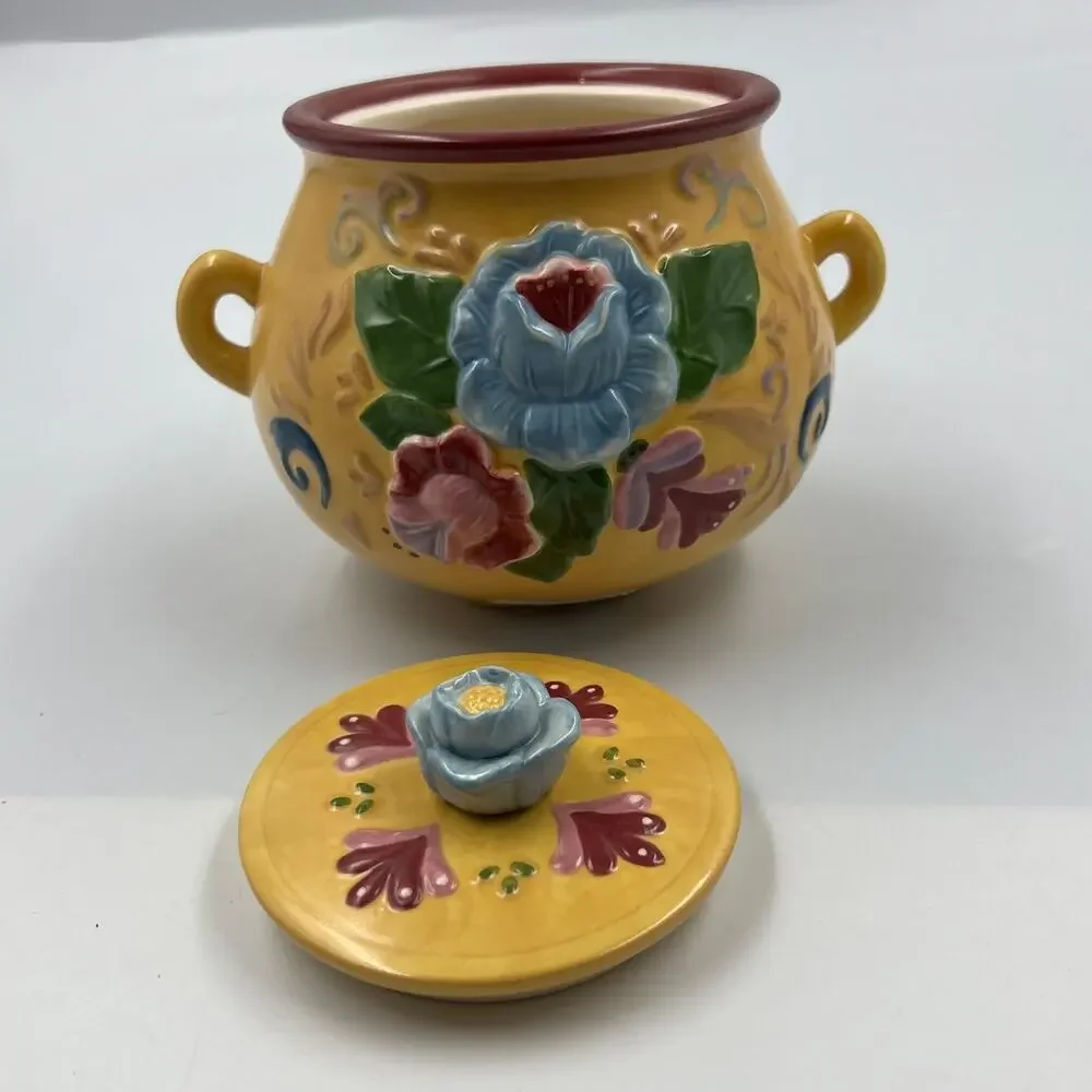Jim Shore Heartwood Creek Crock Jar W Lid Ceramic Floral Cottage‎ Core Folk Art